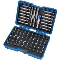 Blue Draper screwdriver and magnetic bit holder set with 80 pieces, neatly organized in a hard plastic case.