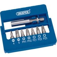 Draper blue case with 8-piece screwdriver and magnetic bit set, includes various Phillips and Pozidriv bits.