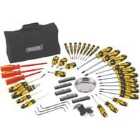Draper yellow and black screwdriver set with various sizes, magnetic tray, and black carrying case.