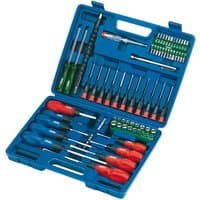 Blue Draper tool set with various screwdrivers, sockets, and bits in a molded case, featuring red and blue handles.