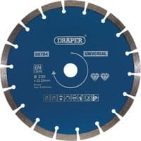 Blue Draper segmented diamond blade, 230mm, with silver segments and central mounting hole.