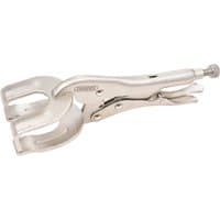 Silver Draper self-grip welding clamp, 225mm, with adjustable screw and wide jaws for secure grip.