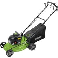 Green Draper self-propelled petrol lawn mower, 460mm, 150cc, black handle, and wheels, with rear grass collection bag.
