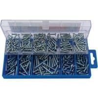 Draper Self Tapping Screw Assortment in blue plastic organizer with clear lid, containing various sizes of silver screws.