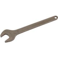 "Draper 18mm single open end spanner, silver metal finish, elongated handle with hole for hanging"
