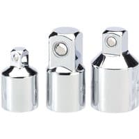 Chrome Draper socket converter set with three shiny adapters of varying sizes and square drive ends.