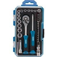 Draper 35-piece socket set with blue-handled ratchet, extension bars, and sockets in a clear-lid plastic case.