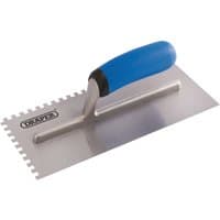 Draper adhesive spreading trowel, 280mm, with blue soft grip handle and notched stainless steel blade.