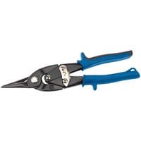 Black and blue Draper tinman's shears with soft grip handles and compound action mechanism, 250mm length.