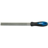Draper 200mm flat cabinet rasp with a black and blue soft grip handle and a textured metal filing surface.