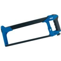 Blue and black Draper hacksaw with soft grip handle, 300mm blade, 24tpi, adjustable 45° and 90° positions.
