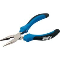 Blue and black Draper long nose mini pliers, 125mm, with soft grip handles and polished metal jaws.
