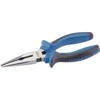 Blue and black Draper long nose pliers, 160mm, with soft grip handles and polished metal jaws.