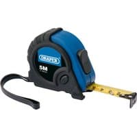 Blue and black Draper soft grip measuring tape, 5m/16ft, with yellow tape and wrist strap.