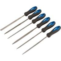 Draper needle file set, six pieces, 140mm, with blue and black soft grip handles and metal file tips.