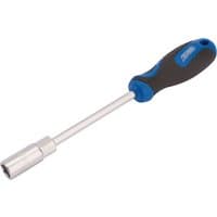 Blue and black Draper soft-grip nut spinner with a 12mm chrome shaft and ergonomic handle.