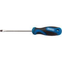 Draper soft grip plain slot screwdriver, 5.0 x 100mm, with black and blue ergonomic handle and metal shaft.
