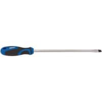 Draper soft grip plain slot screwdriver, black and blue handle, 9.5 x 250mm steel shaft.