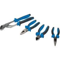 Four-piece Draper pliers set with blue and black soft grip handles, including slip joint, diagonal, and needle nose pliers.
