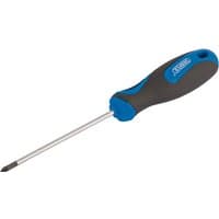 Draper soft grip PZ screwdriver, No.0 x 75mm, with blue and black ergonomic handle and silver shaft.