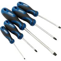 Draper screwdriver set with blue soft grip handles, includes 3 plain slot and 2 PZ TYPE screwdrivers, silver shafts.