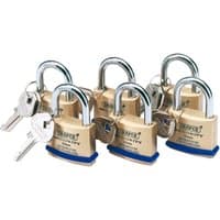Six Draper brass padlocks with hardened steel shackles, each with two keys attached, 40mm size.