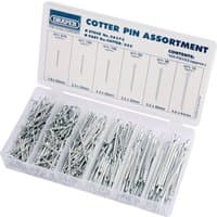 Draper Split Pin Assortment, 555 pieces in various sizes, organized in a clear plastic compartmentalized box.