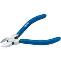 Draper spring-loaded diagonal side cutter, 115mm, with blue rubber grips and shiny metal cutting blades.