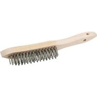Wood-handled wire scratch brush with four rows of stainless steel bristles, 310mm long.