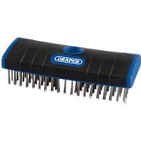 Draper scrub brush with stainless steel bristles, black handle, and blue trim, 180mm length.