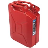 Red Draper steel fuel can, 20L capacity, rectangular shape with handle and spout, features a secure cap.