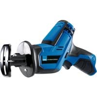 Blue and black Draper Storm Force cordless reciprocating saw with ergonomic handle and exposed blade clamp.