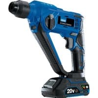Blue and black Draper Storm Force 20V SDS+ rotary hammer drill with ergonomic grip and compact design.