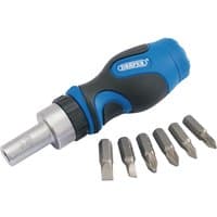 Blue and black Draper stubby ratchet screwdriver with six interchangeable bits, featuring a compact ergonomic handle.