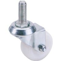 Swivel bolt fixing nylon wheel, 50mm diameter, with metal bracket and threaded bolt, supports up to 50kg.