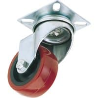 Red polyurethane wheel with silver swivel plate fixing, 75mm diameter, by Draper, supports up to 70kg.