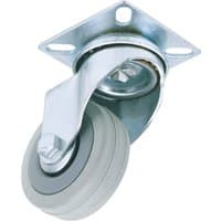 Swivel plate fixing rubber castor, 50mm diameter, silver metal bracket, gray rubber wheel, load capacity 50kg.