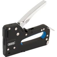 Black Draper Tacker/Nailer with chrome handle, blue accents, and visible metal rivets.