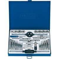 Blue Draper 37-piece tap and die set in a metal case, featuring taps, dies, wrenches, and handles neatly arranged.