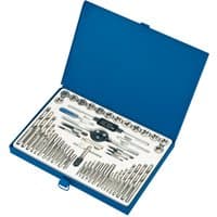 Blue case with Draper 52-piece tap and die set, including various taps, dies, and wrenches neatly arranged.
