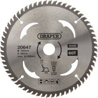 "Draper TCT circular saw blade for wood, 165mm diameter, 20mm bore, 60 teeth, silver with printed specifications"