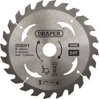 Circular saw blade, silver with 24 teeth, Draper logo, 185 x 25.4mm size, labeled for wood cutting.