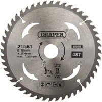 Circular saw blade, silver, 185mm diameter, 48 teeth, branded Draper, with central hole and printed specifications.