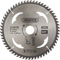 Circular saw blade, silver with 60 teeth, 210 x 30mm, Draper logo, labeled for wood cutting.
