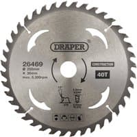 Silver Draper TCT circular saw blade, 250 x 30mm, 40 teeth, with printed specifications and logo.
