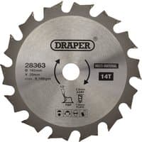 Draper TCT circular saw blade, silver, 165 x 20mm, 14 teeth, with black text and safety icons.