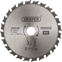"Draper TCT circular saw blade, 210 x 30mm, 24 teeth, silver with black text and directional arrow"