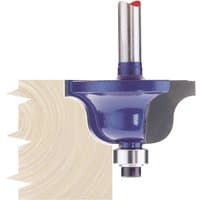 Blue Draper TCT router bit, 1/4" Roman Ogee, 35 x 17mm, with a silver shank and red tip, shown with wood profile.