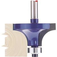 Blue Draper TCT router bit, 1/4" rounding, 38 x 14mm radius, with silver shank and red tip, cutting wood edge.