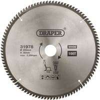 Draper TCT circular saw blade, 255 x 30mm, 100 teeth, silver with black branding and directional arrows.